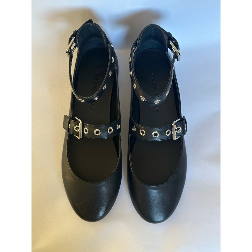 Rebecca Minkoff Black Leather Ankle-Strap Flats with Silver Eyelets - Picture 3 of 10
